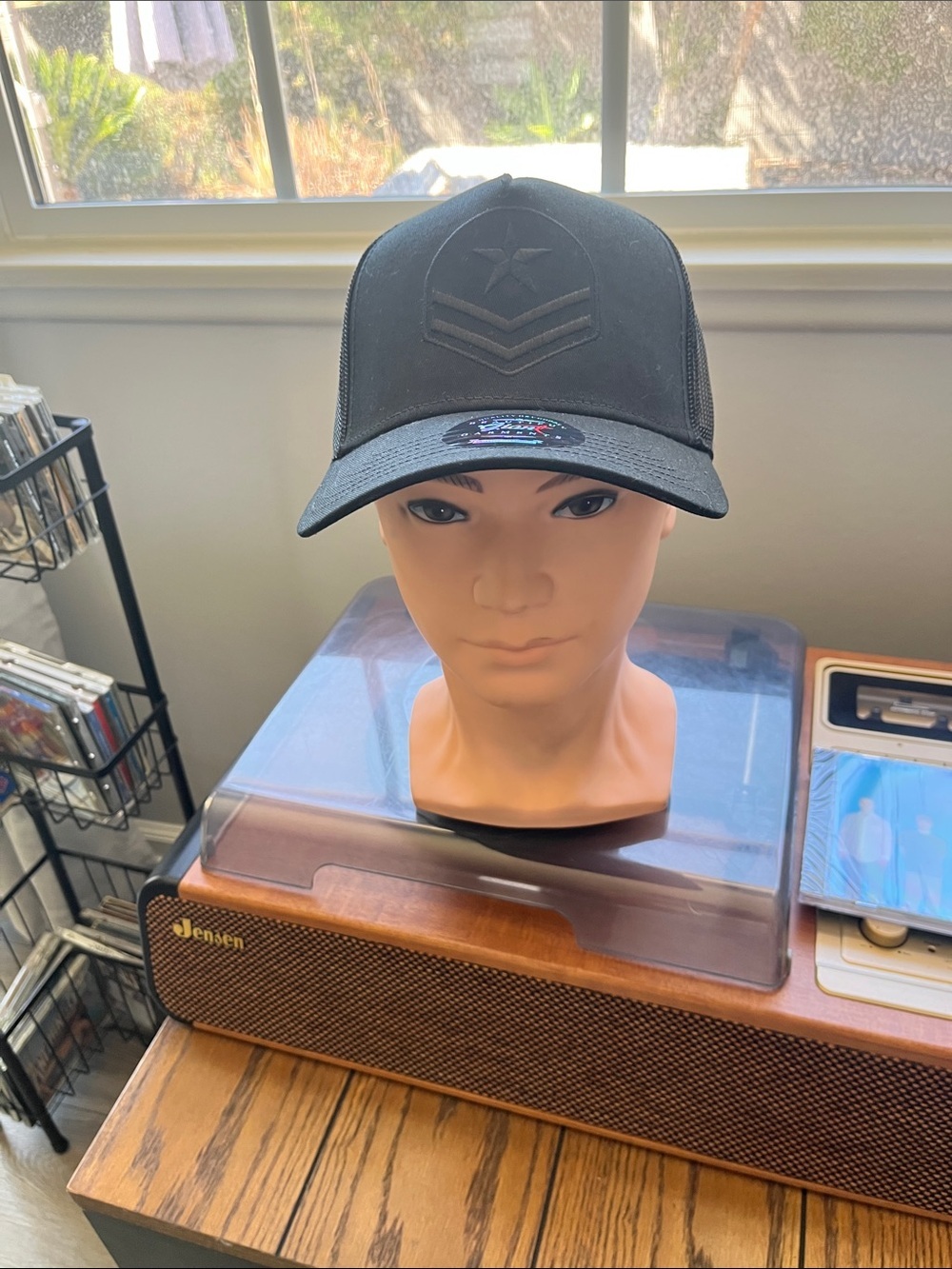 Men's Black Trucker Cap with Embroidered Chevron Accent